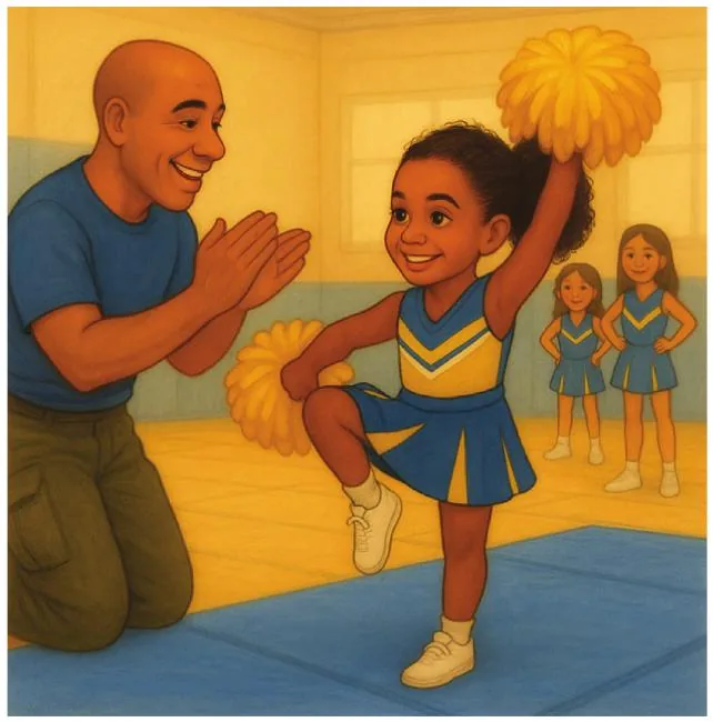 A father claps proudly as his daughter performs in her cheer uniform.