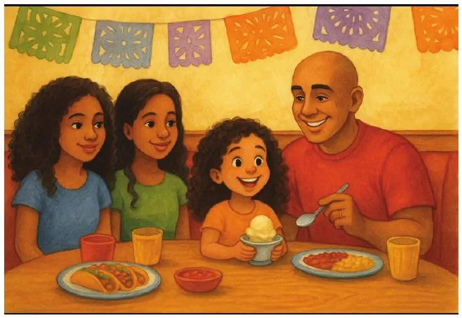 The family sharing a meal together with papel picado banners overhead.