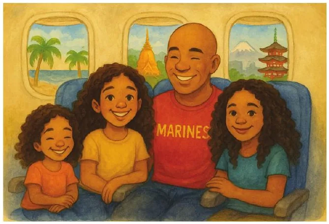 The family seated together on an airplane, with palm trees, temples, and Mount Fuji visible through the windows.