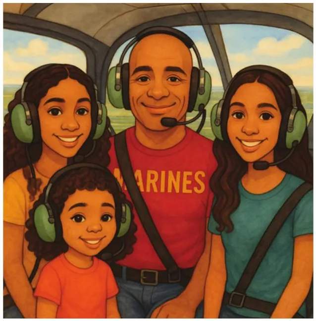 The family wearing aviation headsets inside a helicopter cockpit.