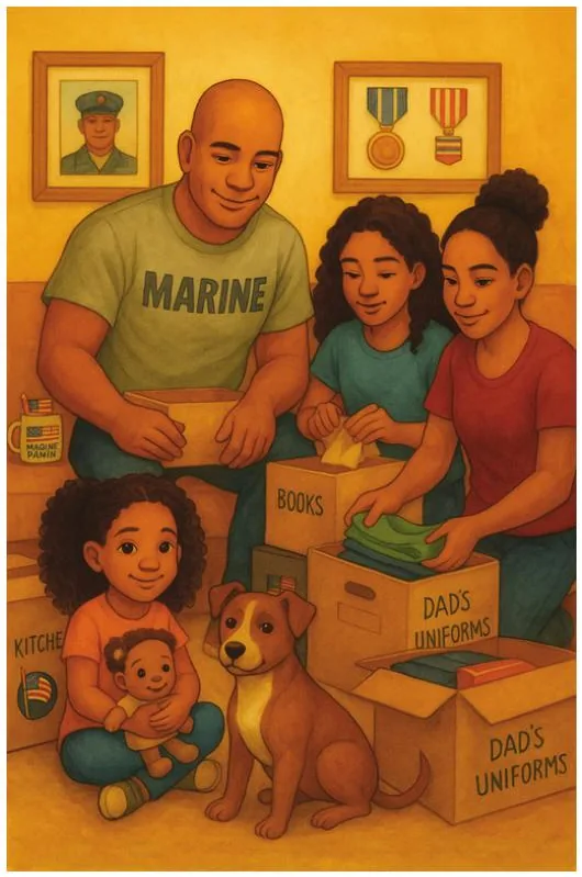 The family packing boxes labeled 'Dad's Uniforms' and 'Books' surrounded by framed military photos and medals.