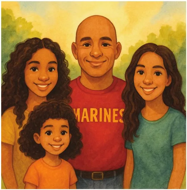 The Arce family — father in his Marines shirt with his three daughters — in a final portrait.